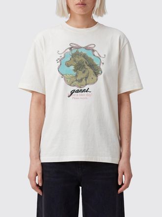 Ganni T-shirt in cotone con spalle scese e stampa grafica a contrasto