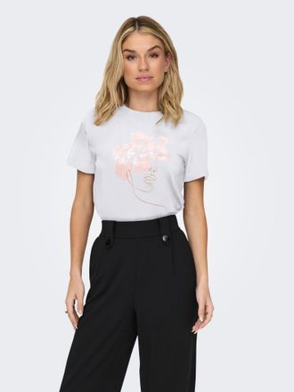 Only Kurzarmshirt ONLY ONLKITA LIFE REG S/S MIX TOP CS JRS EX., Damen, Gr. XXL, hellwei&szlig; print:flower foil girl, Single Jersey, Obermaterial: 100% Baumwoll