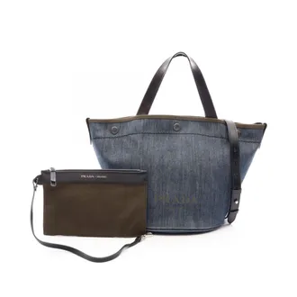 Prada Black Khaki Navy Denim Leather Handbag Pouch Tote Bag (Pre-Owned)
