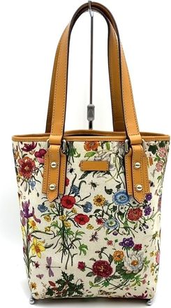 Gucci Flora Brown Orange Canvas Leather Handbag Tote Bag (Pre-Owned)