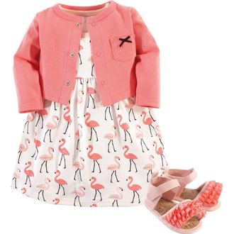 Hudson Baby Cotton Dress, Cardigan and Shoe Set in Flamingos at Nordstrom, Size 12-18M