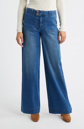 Wit & Wisdom Patch Pocket High Waist Wide Leg Jeans in Blue at Nordstrom, Size 14P