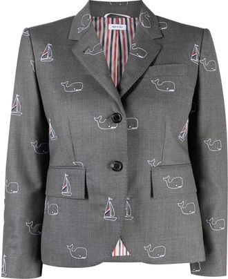 Thom Browne motif-embroidered single-breasted blazer - women - Wool/Cupro/Polyester - 38 - Grey