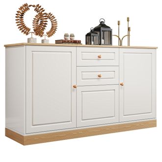 STILVORA Aparador Con 3 Puertas, 2 Cajones Y Estantes Ajustables, Estilo Minimalista, En Tablero De Part&iacute;culas, Blanco Y Madera, 135,5&times;39&times;76 Cm