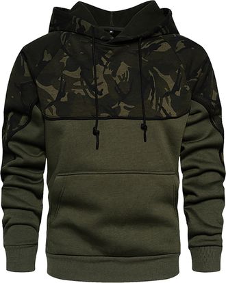 Generic Mens Camo Pullover Hoodies UK Long Sleeve Patchwork Camouflage Hooded Sweatshirts Casual Camo Hoody Tops with Kangaroo Pocket for Outdoor & Daily Wear