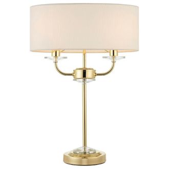 Loops Twin Light Table Lamp 2 Bulb Brass & White Shade Crystal Trim Bedside Feature