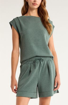 Zella Soft Luxe Knit Gathered Shoulder Top in Green Balsam Heather at Nordstrom, Size X-Large