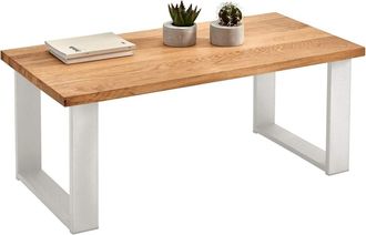 HOGAR 24 Mesa de centro salón madera maciza natural patas de acero color blanco