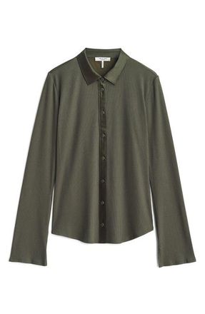 Rag & Bone The Ribbed Mixed Media Button-Up Shirt in Olive Nigh at Nordstrom, Size X-Large