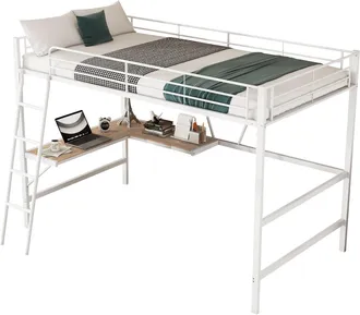 STILVORA Cama Alta 90 X 200 Cm, Cama Individual Con Escritorio En L Y Estanter&iacute;a, Sin Colch&oacute;n, Metal, Blanco