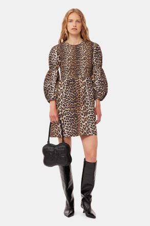 Ganni Mixed Leopard Cotton Poplin Smock Mini Dress - Size 34
