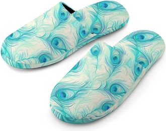 Generic Peacock Feather Warm Mens Slippers Slip On Soft Fleece House Shoes Winter Indoor Outdoor