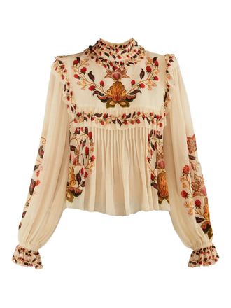 Farm Rio ruffled floral blouse - women - Viscose - S - Neutrals