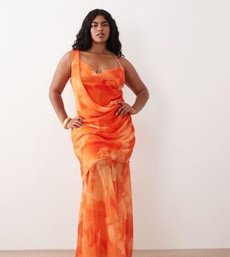 Tfnc Plus Vestito lungo in chiffon arancione a fiori con scollo ad anello-Multi