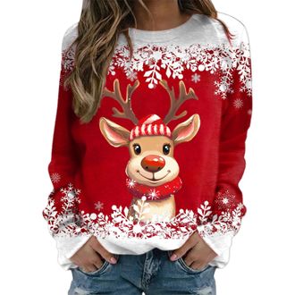 Generic Christmas Sweatshirt for Women Holiday Jumper Ladies Funny Xmas Reindeer Print Tunic Tops Long Sleeve Crew Neck Pullover for Teen Girls T Shirts Winte