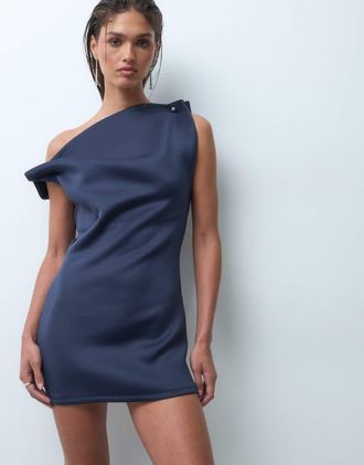 Asos vestito corto con collo alto e dettagli in metallo argentato in tessuto effetto scuba blu navy