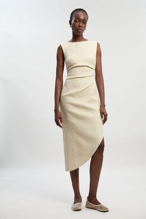 Karen Millen Womens Boucle Tailored Ruched Detail Midi Dress - White - Size 10 UK