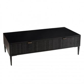 Macabane Mesa de centro de madera de mango negro con 2 cajones y patas de metal