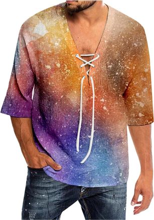 Generic Mens Casual Tie Dye Print Spring Summer Lace Up V Neck 3/4 Sleeve T Shirt Offer, orange, 3XL