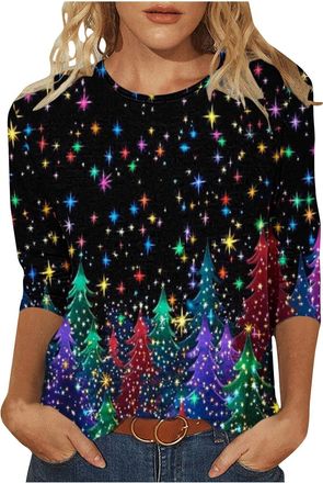 Generic Womens Sparkle Christmas Jumper, Novelty Funny Sweatshirts Santa Claus Reindeer Pullover Xmas Tree Snowman Shirts Wine Glass Sweater Gnome Tee, 3/4 Sl