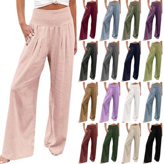 Generic Wide Leg Linen Trousers for Women UK Elasticated Waist Palazzo Trousers for Women Plus Size Solid Color Loose Comfortable Ladies Lounge Pants with Poc