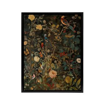 Artery8 Birds In Flowering Shrubs Floral Framed Canvas Wall Art Print | Size: W24 x H32