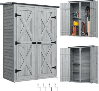 OUTSUNNY Caseta De Jard&iacute;n De Madera 115x53x156 Cm, Armario Exterior Para Herramientas Con Puertas Dobles Con Pestillo, 2 Estantes, Gris
