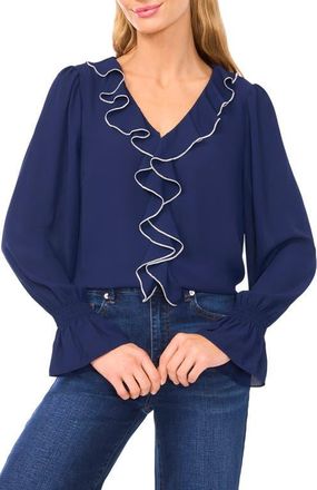CeCe by Cynthia Steffe Ruffle V-Neck Top in Classic Navy at Nordstrom, Size X-Small