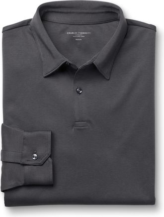 CHARLES TYRWHITT Long Sleeve Smart Jersey Cotton Polo - Graphite Grey Size Large by Charles Tyrwhitt