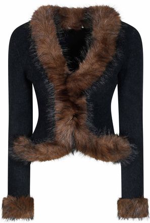 Self Portrait Brown Faux Fur Trim Cropped Cardigan