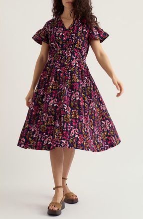 Seasalt Cornwall Kerthen Woods Floral Organic Cotton Button-Up Midi Dress in Inky Botanical Maritime at Nordstrom, Size 14