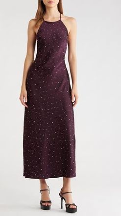 ASTR the Label Halley Rhinestone Open Back Satin Midi Dress in Deep Purple at Nordstrom Rack, Size X-Small