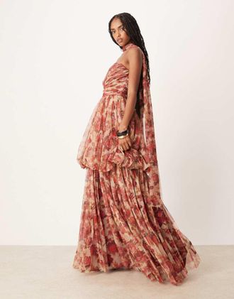 Lace & Beads Vestito lungo in tulle a balze rosa con stampa di rose e sciarpa-Rosso