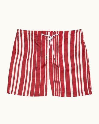 Orlebar Brown Bulldog Drawcord Mid-Length Classic Fit Drawcord Sun Stripe Swim Shorts in Vermillion at Nordstrom, Size 36