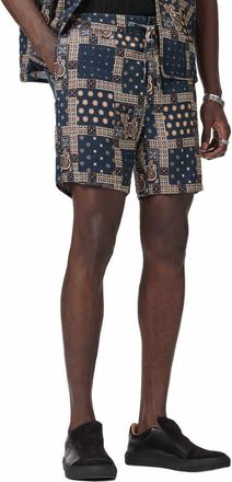 John Varvatos Daryl Patchwork Linen Drawstring Shorts in Deep Blue at Nordstrom, Size 38