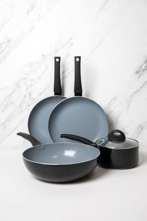 MasterClass MasterClass 5pc Ceramic Non-Stick Pan Set with 2x Frying Pans, 24cm, 28cm, 2x Saucepans, 18cm & 20cm & 29.5cm Wok in Black
