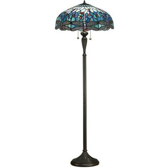 Loops Tiffany Glass Dragonfly Floor Lamp - Dark Bronze Finish - 2 x 60W E27 GLS LED in Clear