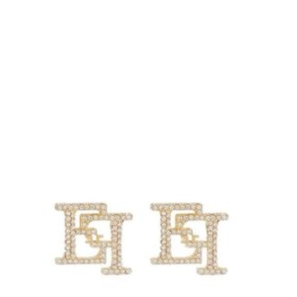 Elisabetta Franchi Earrings, female, Yellow, Size: ONE SIZE Golden Rhinestone Earrings with Double Logo