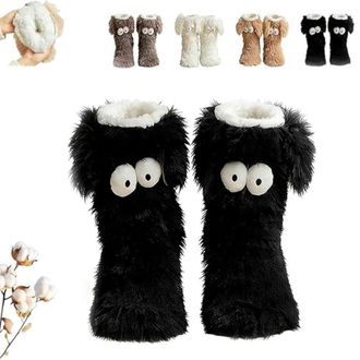 Generic Muffle Friends Cozy Socks, Womens Winter Warm Fuzzy Non-Slip Slipper Socks with Cute Big Eyes - Thick Plush Indoor Home Floor Socks (Black)