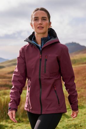 Mountain Warehouse Bachill Womens Waterproof Jacket Breathable 3 Layer Shell Hooded Outdoor Rain Coat Berry - Size 16 UK