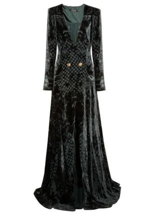 Balmain Dark Green Velvet Devore Deep V-Neck Gown Size 38