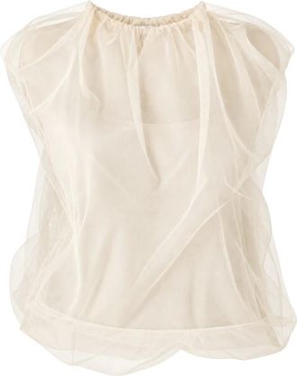 Meimeij Blusa sin mangas con cuello redondo y superposici&oacute;n de tul - Tops - Mujer - Beige - XS
