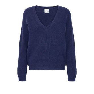 Ichi Patriot Blue Gebreide Trui - Dames - V-hals truien - Blauw - S - Wol - Truien & Vesten