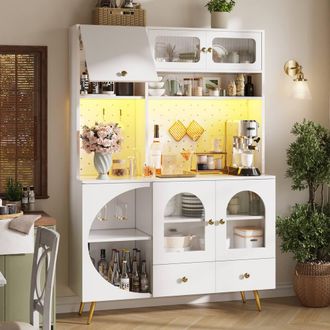 Merax Kitchen Dresser with Perforated Wall, LED Lighting & Power Outlets in White
