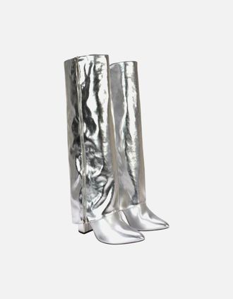 XY London Womens XY London Womens/Ladies Allie Fold Over Metallic Pointed Side Zip Knee-High Boots - Silver - Size: 7
