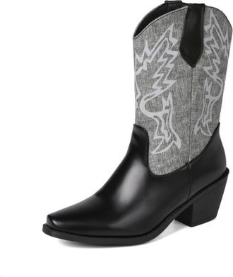 Generic Womens Chunky High Heel Short Boots Square Toe PU Leather Mid-Calf Boot Pull on Western Cowboy Boots,Black,3.5 UK