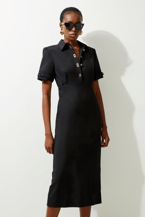 Karen Millen Womens Essential Techno Shirt Sleeve Woven Dress With Gold Hardware - Black Cotton - Size 6 UK
