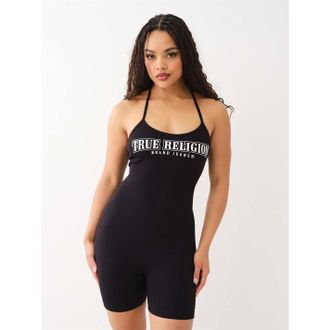 True Religion Womens Halter Neck Lettering Sleeveless Solid Patterned Romper in Jet Black - Size 8 UK