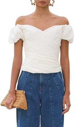 Cult Gaia Helene Ruched Off the Shoulder Linen Blend Top in Off White at Nordstrom, Size 0