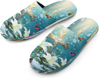 Generic Flower Butterfly Easter Mens Flannel Slipper Soft Non Slip House Shoes Comfy Winter Warm Indoor Outdoor Slippers